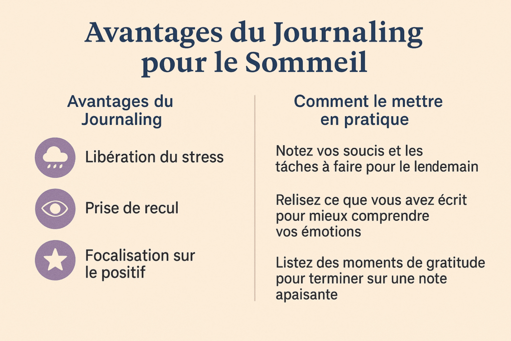 Infographie sur les avantages du journaling pour le sommeil : libération du stress, prise de recul, focus sur le positif, et astuces pratiques pour réduire l’anxiété et améliorer l’endormissement – www.Nidminimaliste.com